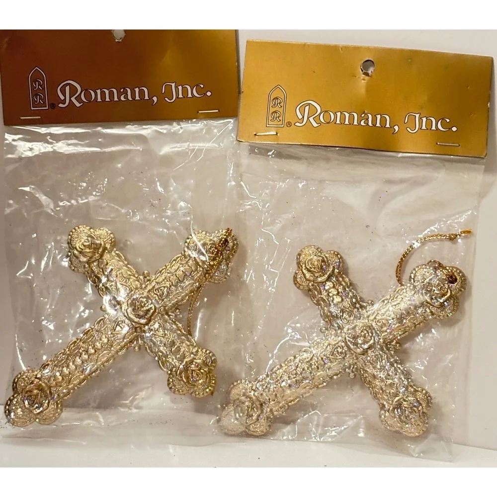 Vintage 1980s Roman Inc Gold Glitter Rose Heart Cross Ornaments Set of 2